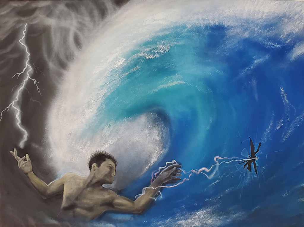 'A male figure harnasses lighting to break through a crashing wave against a dark sky'