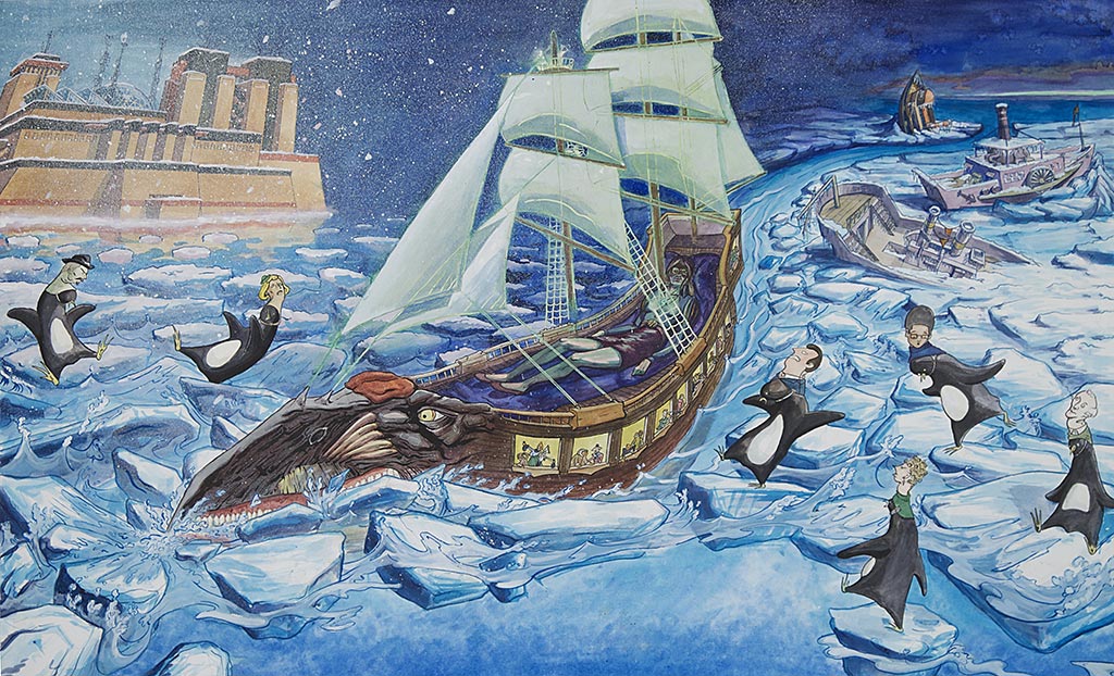 'An old wooden ship cuts through Artic ice while penguins dance alongside it with human heads attached to the tops of their own'