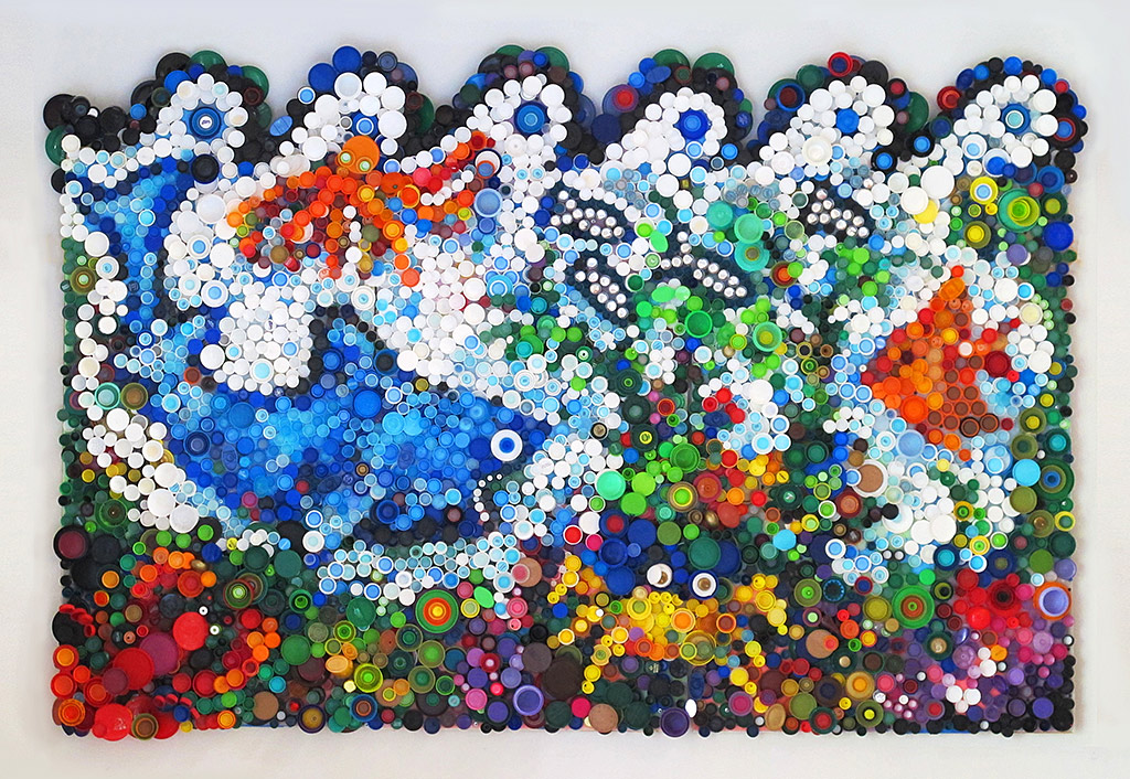 'A mixed media wall mosiac of plastic bottle caps of varying sizes and colors creating an underwater scene'